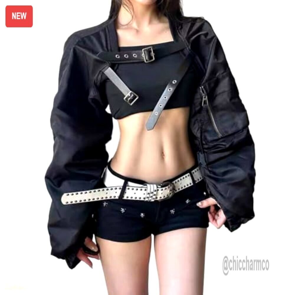 Y2K Motorcycle Jacket Pleated Cropped Belted Edgy Retro Modern Chic
